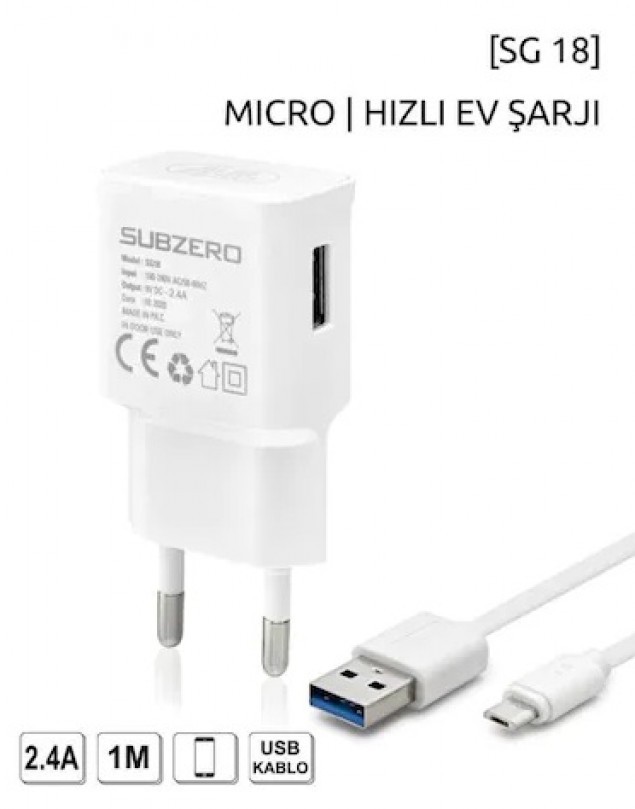 Subzero SG18 9V 2.2A Micro USB (Fast Charge) Şarj Aleti